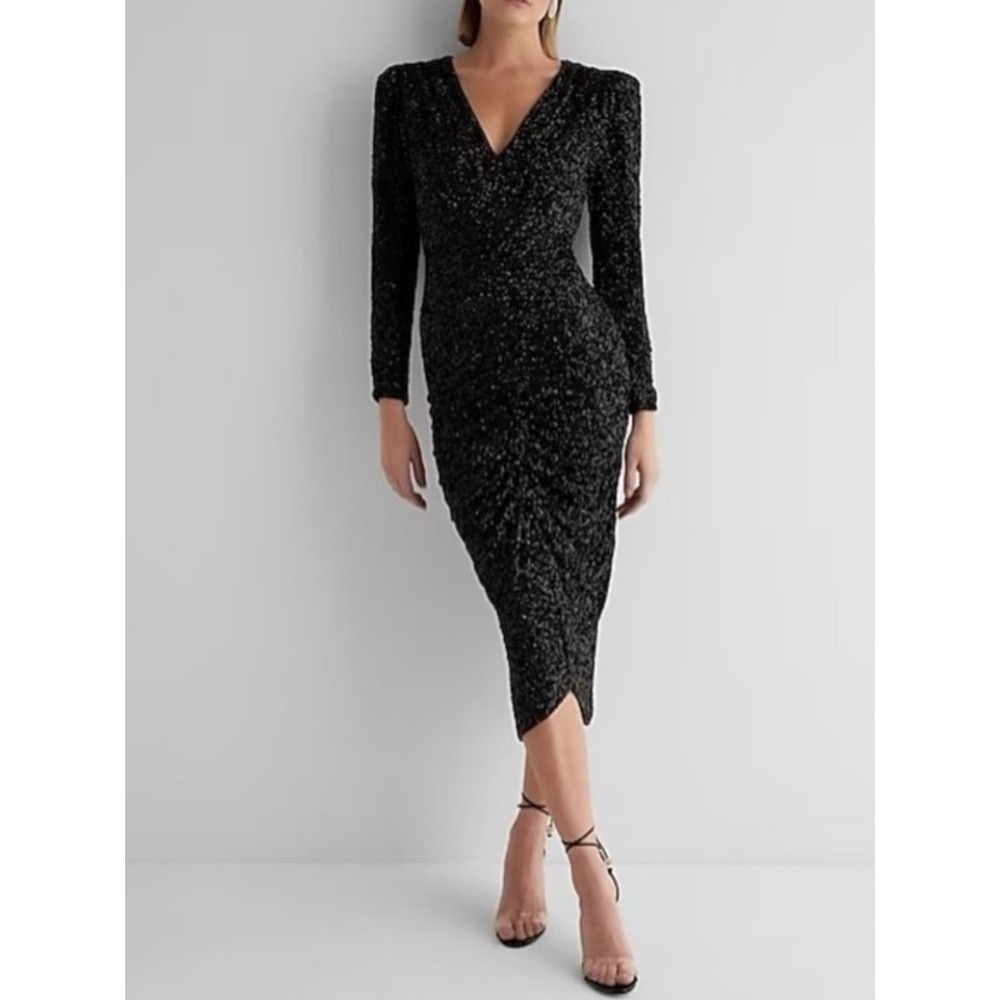 Express Black Sequin V-Neck Puff Sleeve Ruched‎ Midi Dress Large